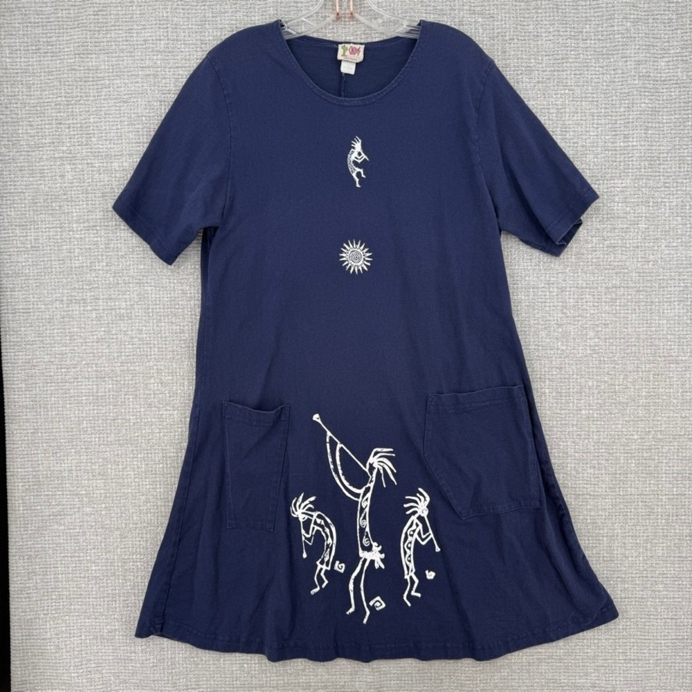 Vintage Cactus California Kokopelli T Shirt Dress Women Large Blue Cotton Boho